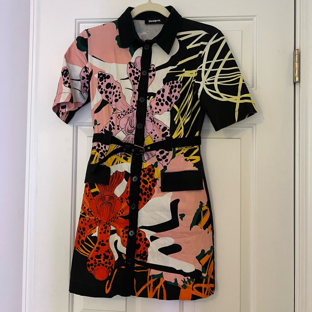 Desigual Multicolor Floral Graphic Mini Dress — Pink Black Orange Accents